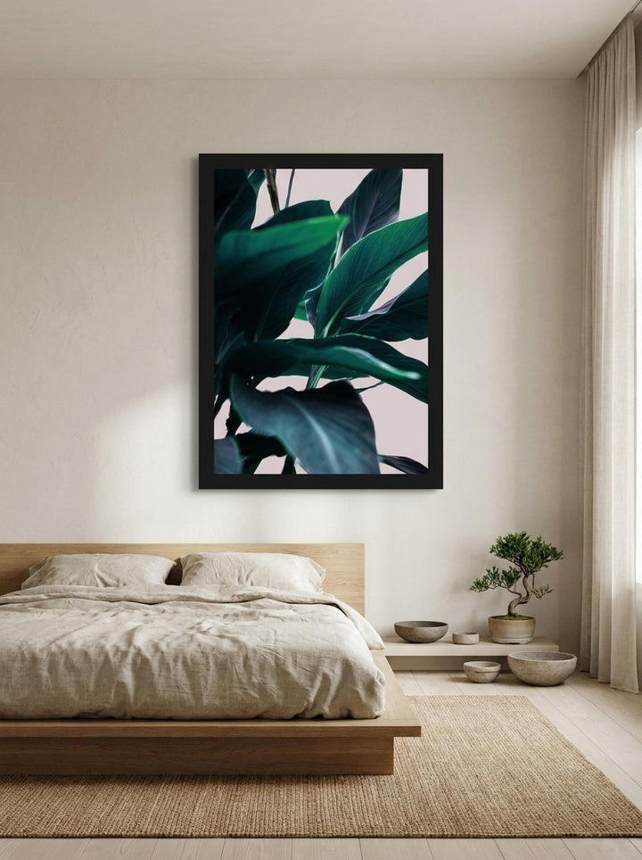 Oversized statement modern wall art print styled on the wall in a warm Japandi bedroom