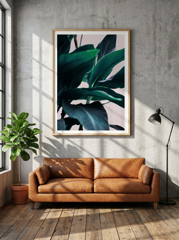 Modern wall art print styled on the wall in an industrial loft living room