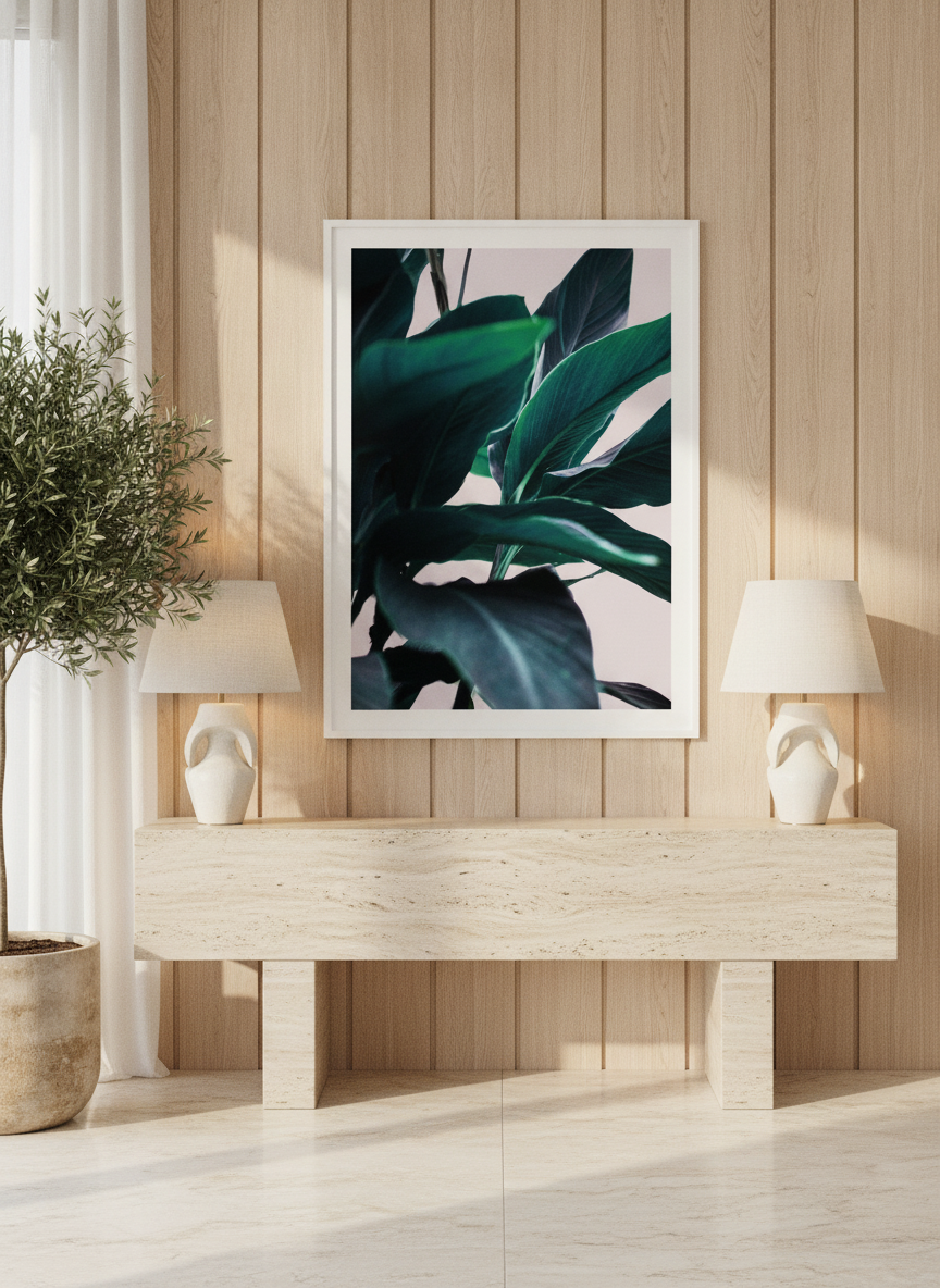 Modern wall art print styled on the wall in a luxe living room
