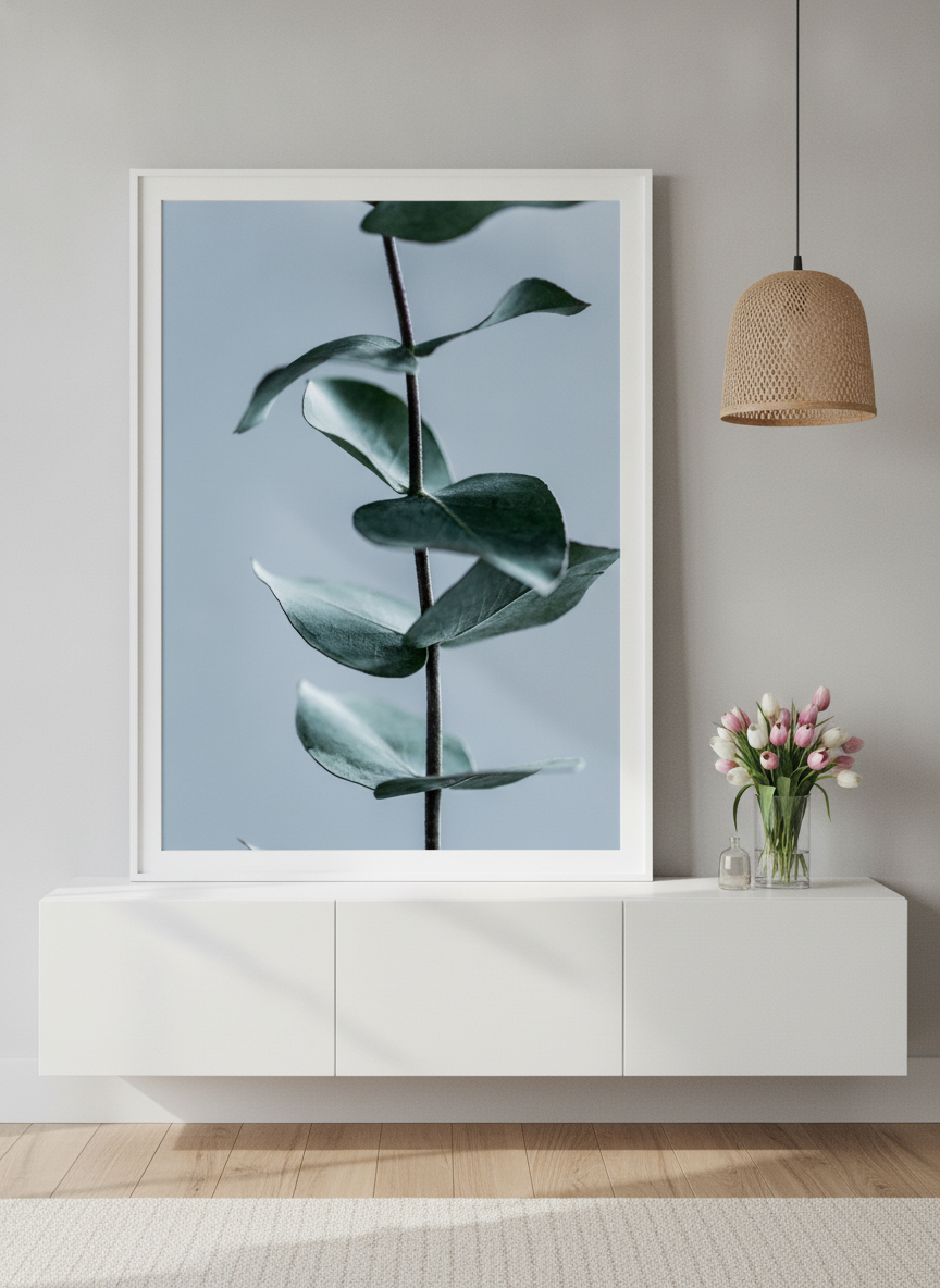 Modern wall art print standing on a sideboard in a bright Scandinavian bathroom