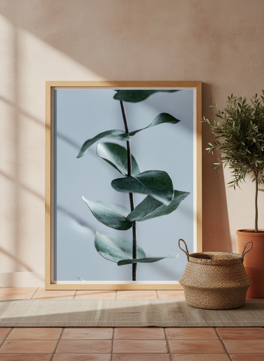 Modern wall art print leaning against the wall in a Mediterranean home office