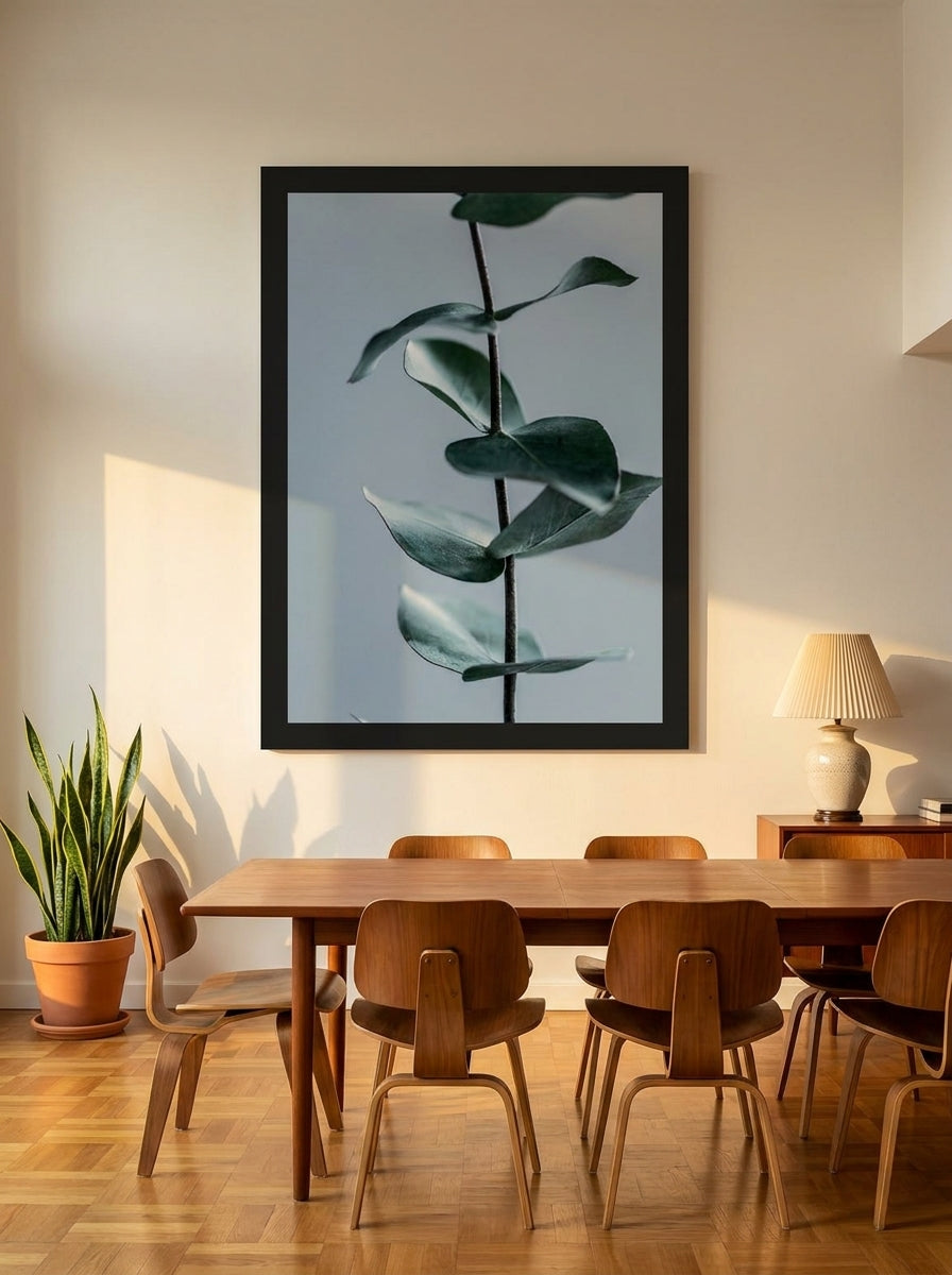 Oversized statement modern wall art print styled on the wall in a mid-century dining room