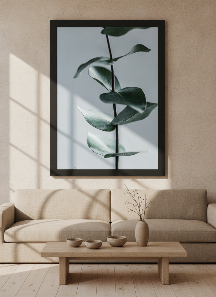 Oversized statement modern wall art print styled on the wall in a warm Japandi living room