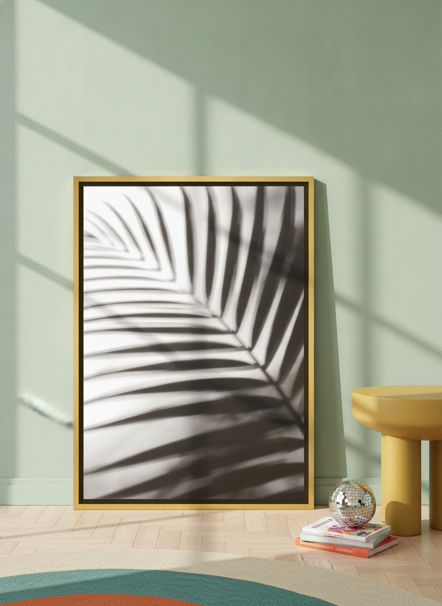 Canvas wall art with a gold leaf surround leaning against the wall in a colourful eclectic living room
