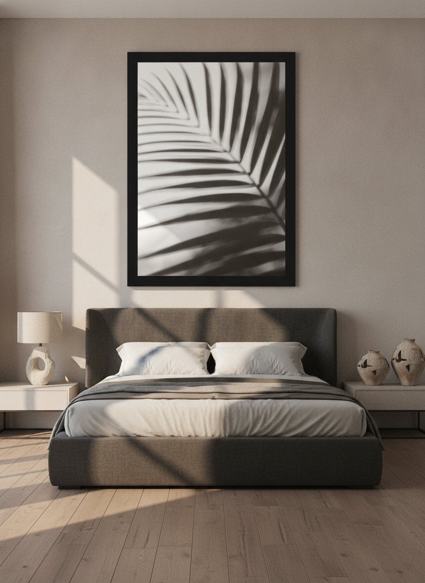 Oversized statement modern wall art print styled on the wall in a luxe bedroom
