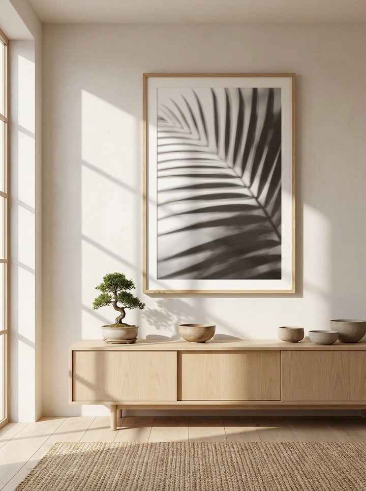 Modern wall art print styled on the wall in a warm Japandi living room