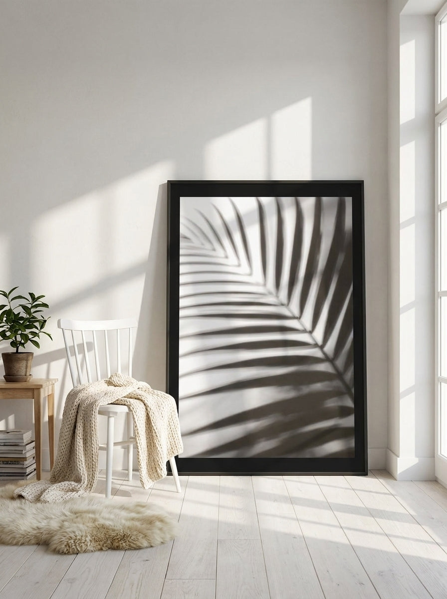 Oversized statement modern wall art print leaning against the wall in a bright Scandinavian bedroom