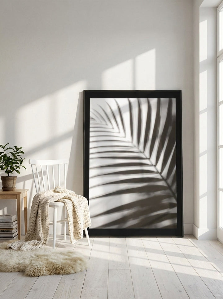 Oversized statement modern wall art print leaning against the wall in a bright Scandinavian bedroom