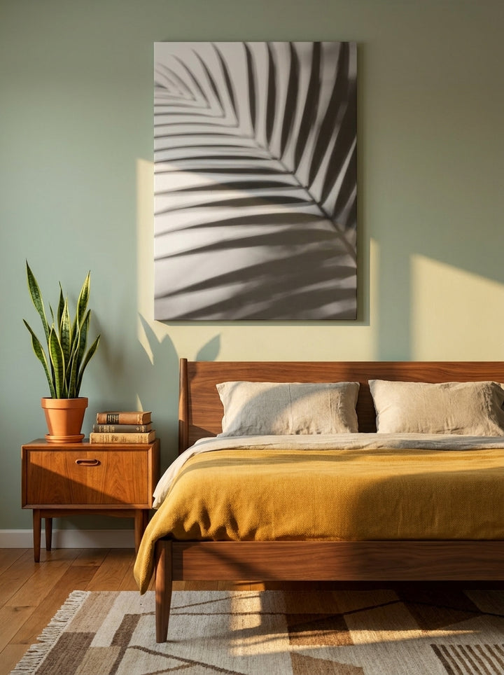 Stretched canvas wall art styled on the wall in a mid-century bedroom