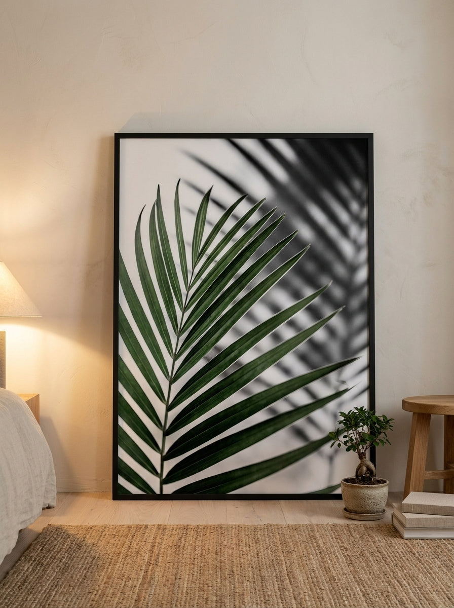 Oversized statement modern wall art print leaning against the wall in a warm Japandi bedroom