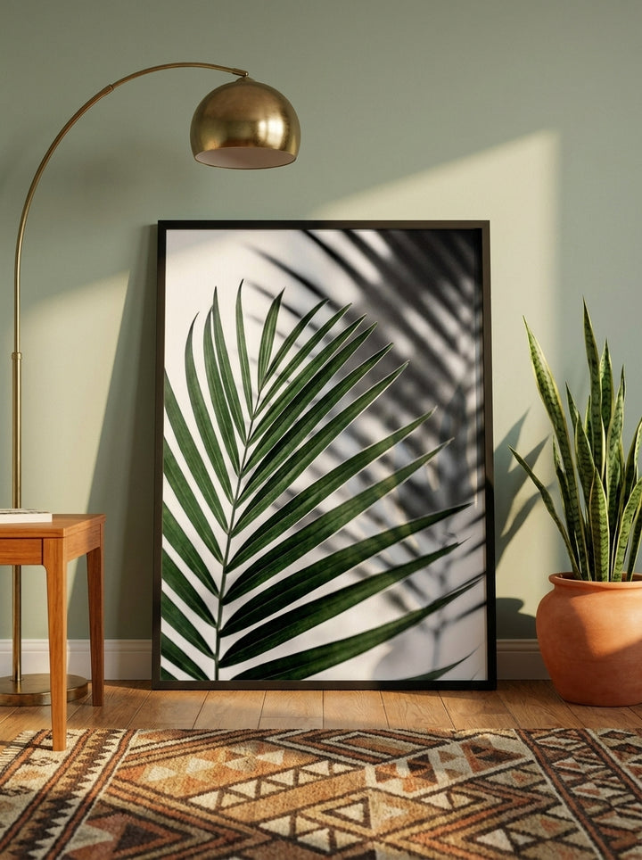 Oversized statement modern wall art print leaning against the wall in a mid-century dining room