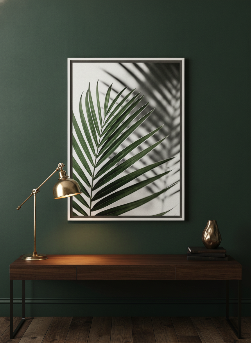 Canvas wall art with a white surround styled on the wall in a moody home office