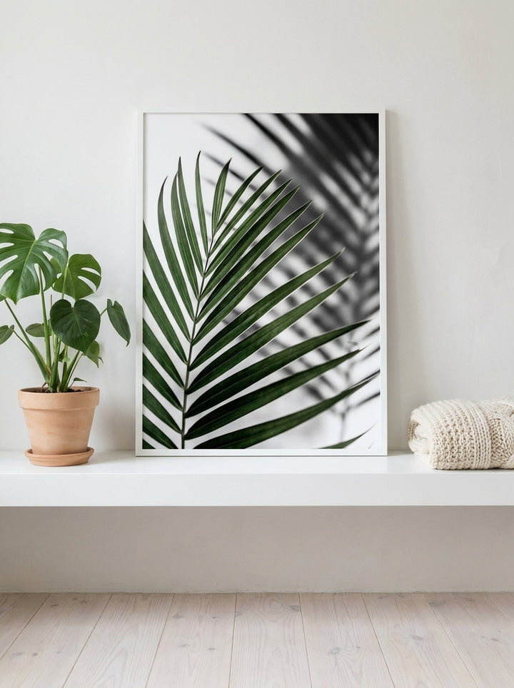 Modern wall art print standing on a shelf in a bright Scandinavian bathroom