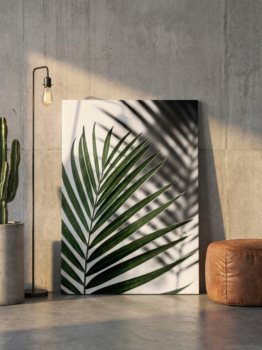 Stretched canvas wall art leaning against the wall in an industrial loft living room
