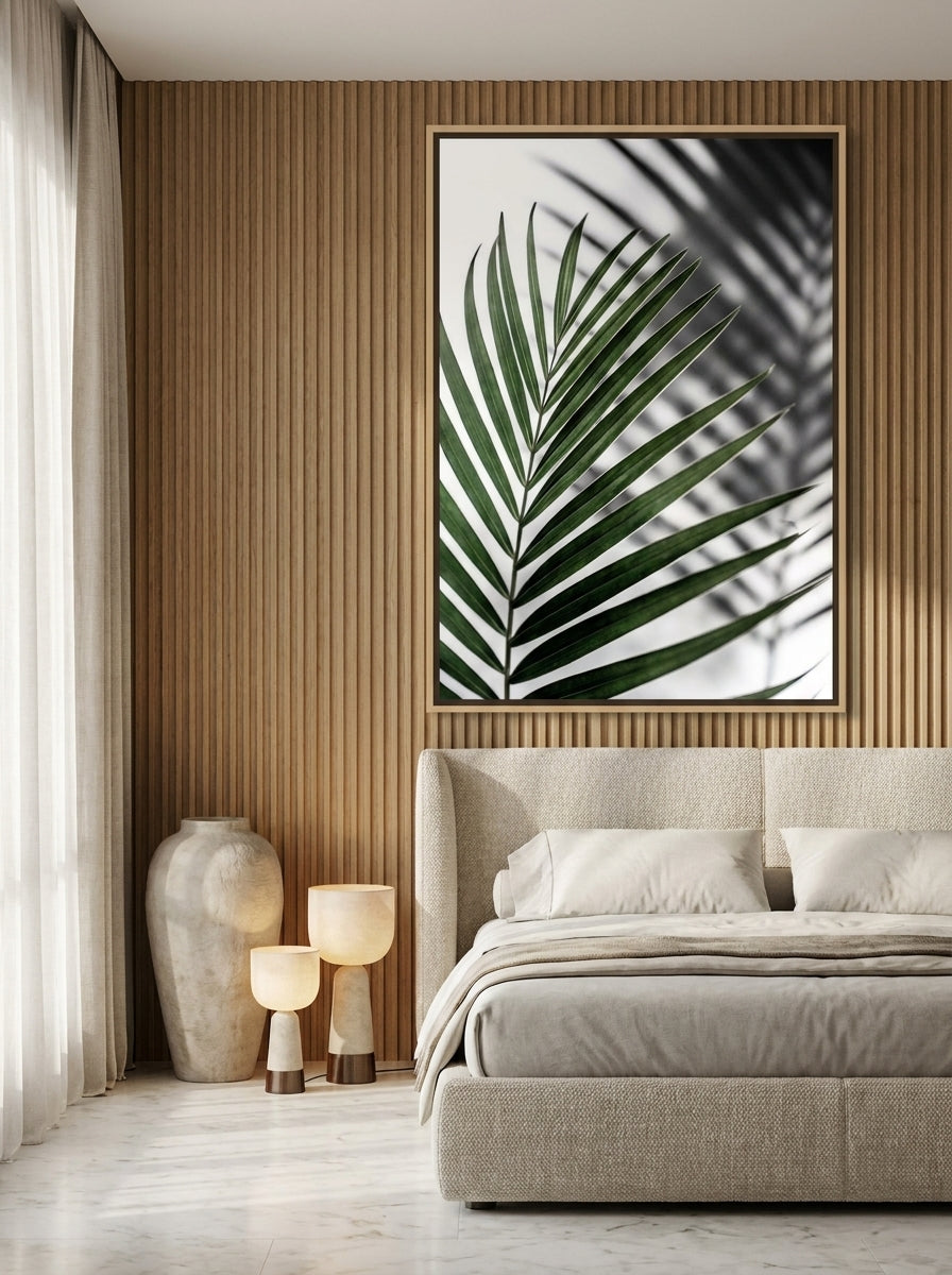 Oversized statement canvas wall art with a natural timber surround styled on the wall in a luxe bedroom