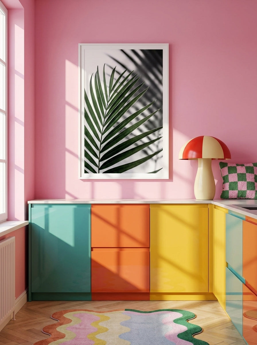 Modern wall art print styled on the wall in a colourful eclectic kitchen
