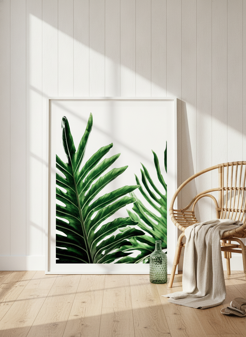 Modern wall art print leaning against the wall in a coastal bathroom