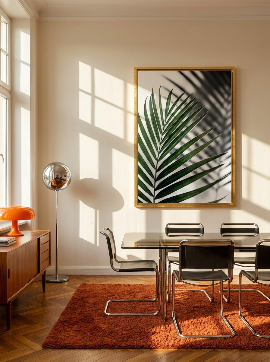 Oversized statement canvas wall art with a gold leaf surround styled on the wall in a retro 70s dining room