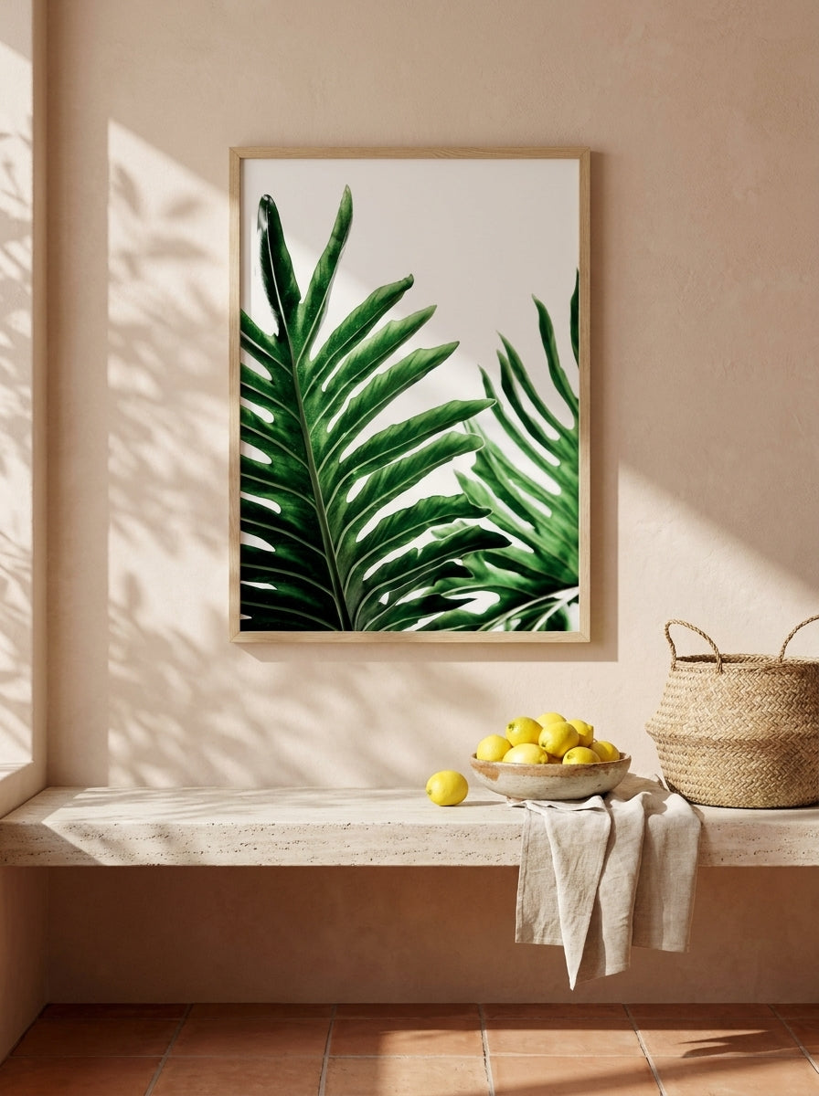 Modern wall art print styled on the wall in a Mediterranean kitchen