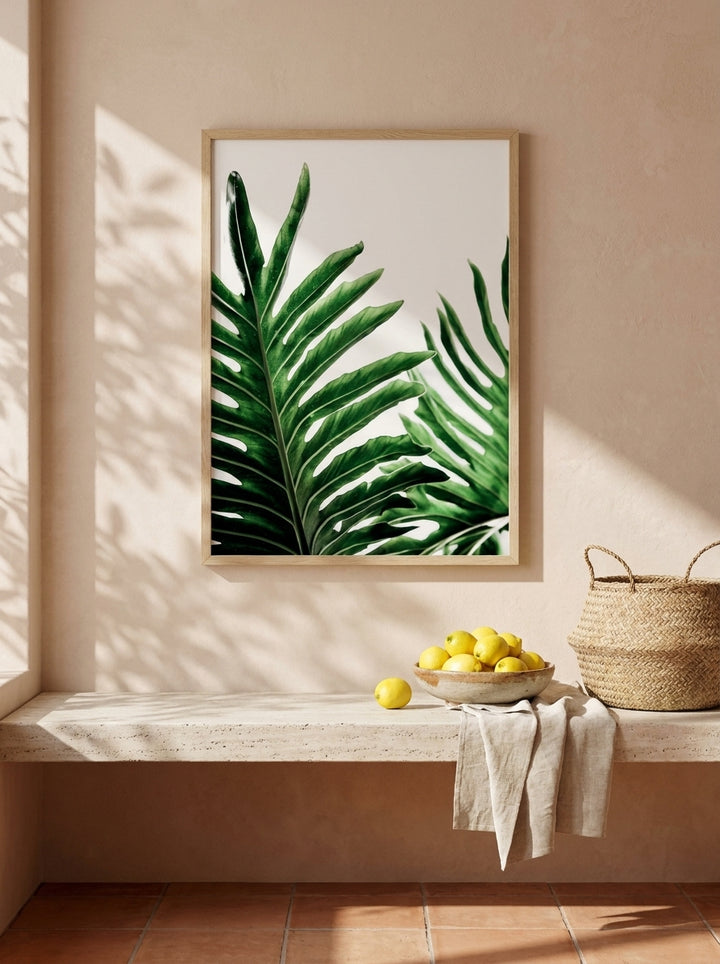 Modern wall art print styled on the wall in a Mediterranean kitchen