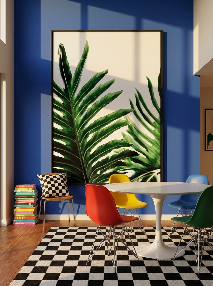 Oversized statement modern wall art print styled on the wall in a colourful eclectic dining room