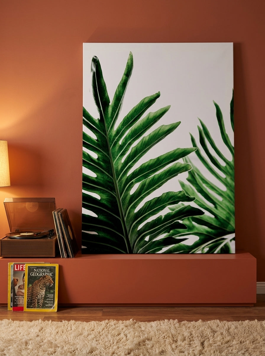 Stretched canvas wall art standing on a sideboard in a retro 70s living room