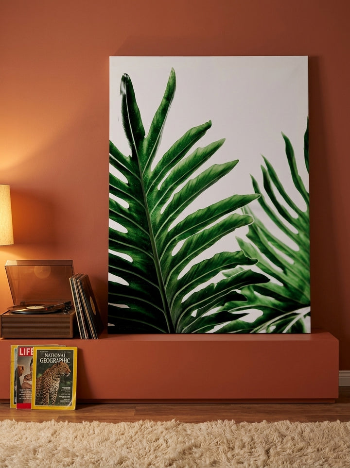 Stretched canvas wall art standing on a sideboard in a retro 70s living room