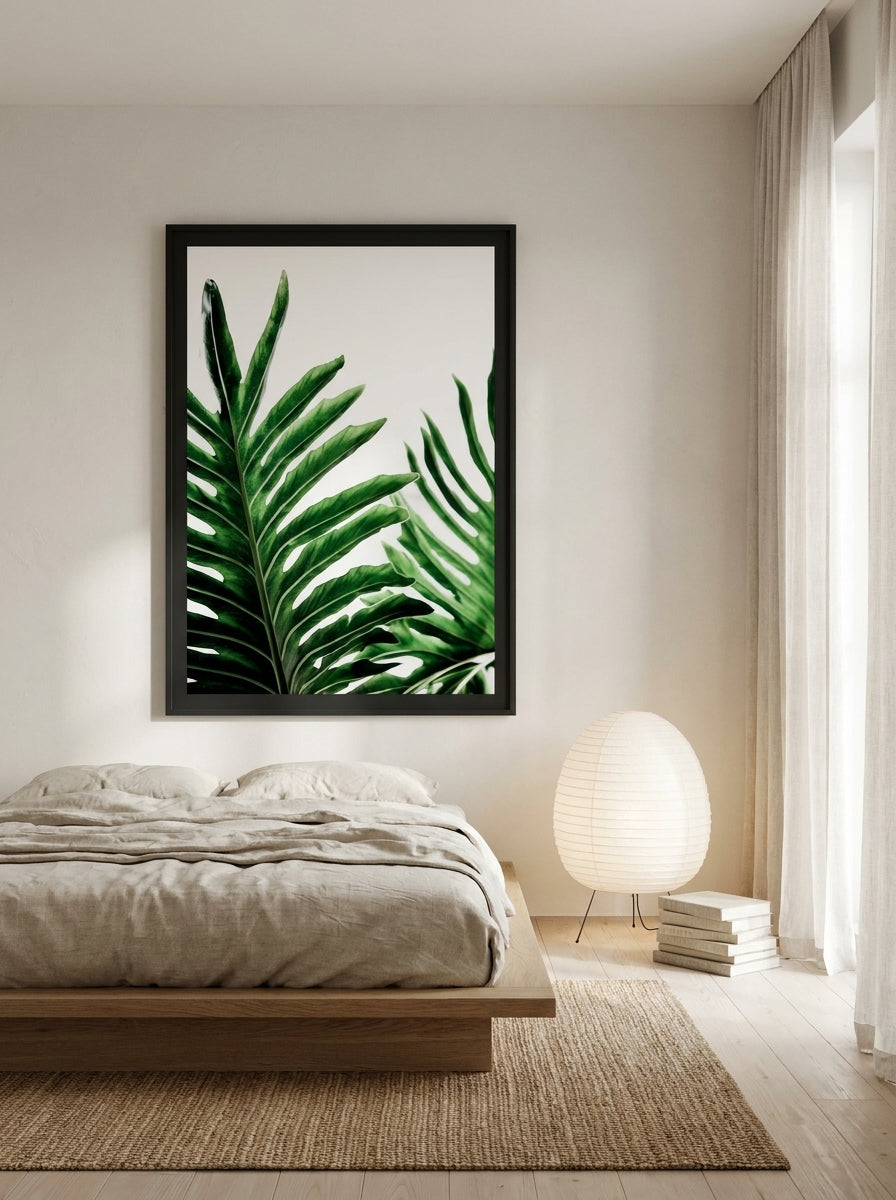 Oversized statement modern wall art print styled on the wall in a warm Japandi bedroom