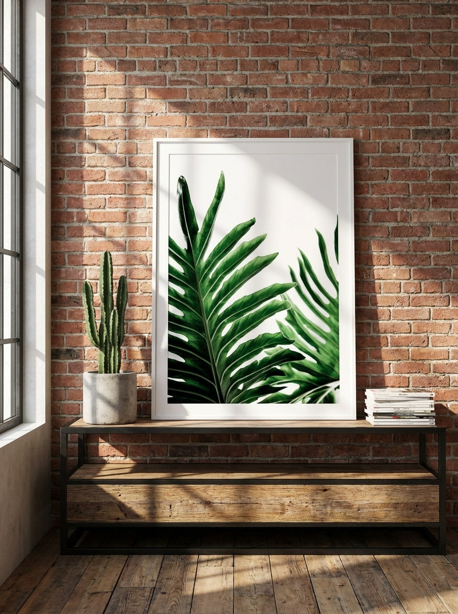 Modern wall art print standing on a console in an industrial loft home office