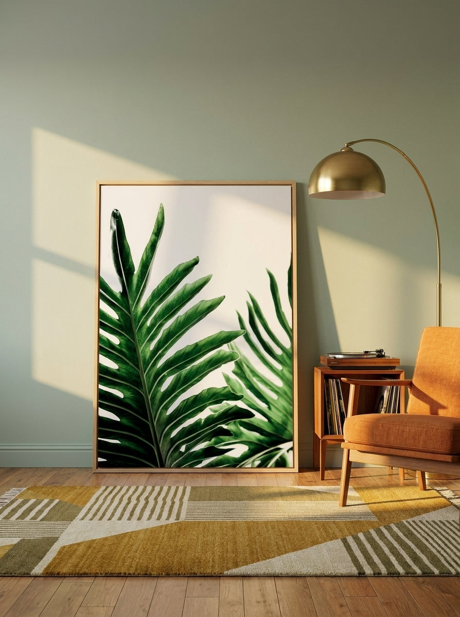 Oversized statement canvas wall art with a natural timber surround leaning against the wall in a mid-century bedroom