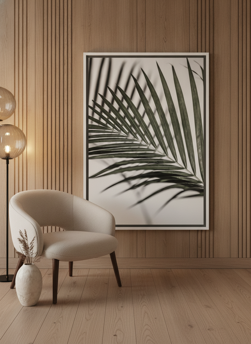 Canvas wall art with a white surround leaning against the wall in a luxe kitchen