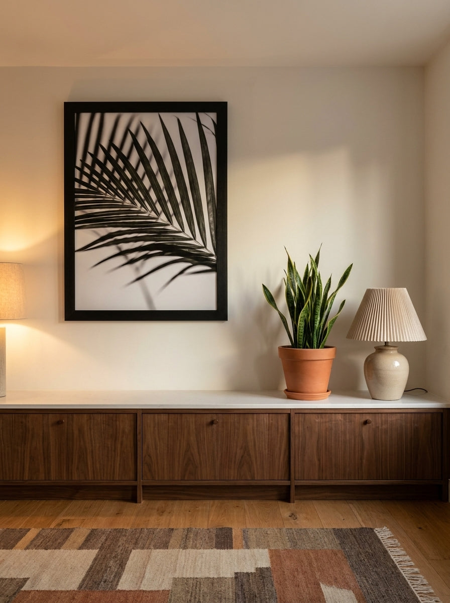 Modern wall art print styled on the wall in a mid-century kitchen