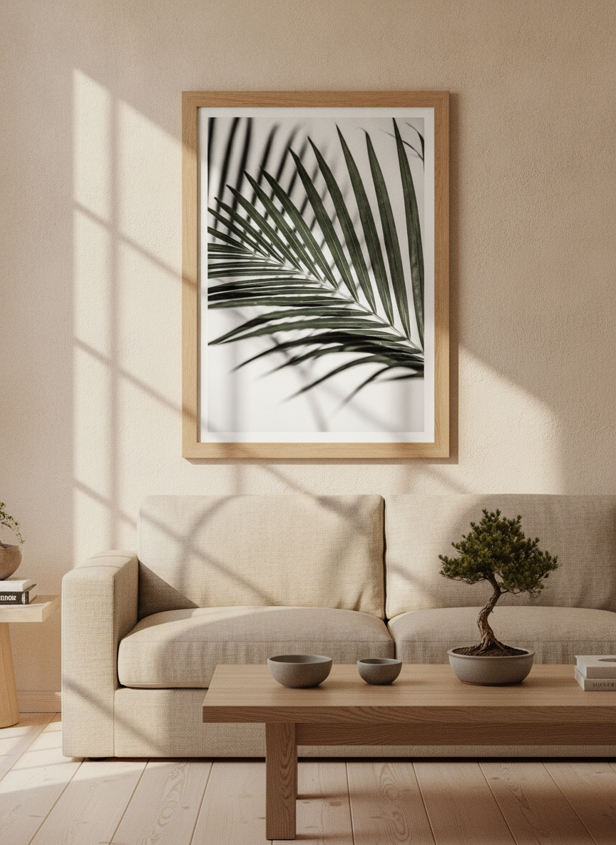 Modern wall art print styled on the wall in a warm Japandi living room