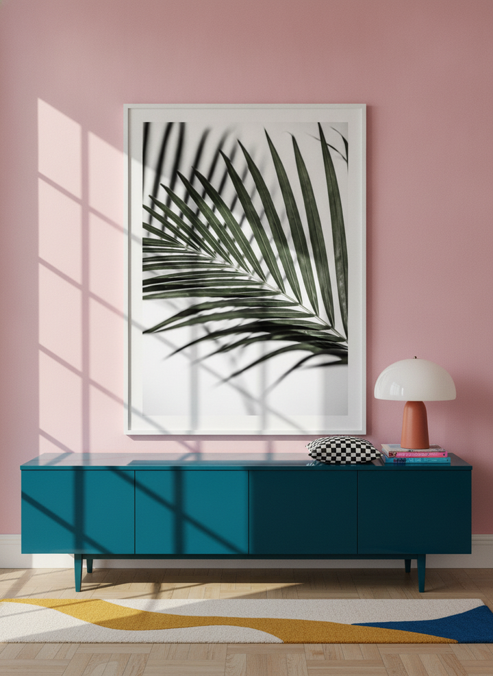 Oversized statement modern wall art print styled on the wall in a colourful eclectic living room