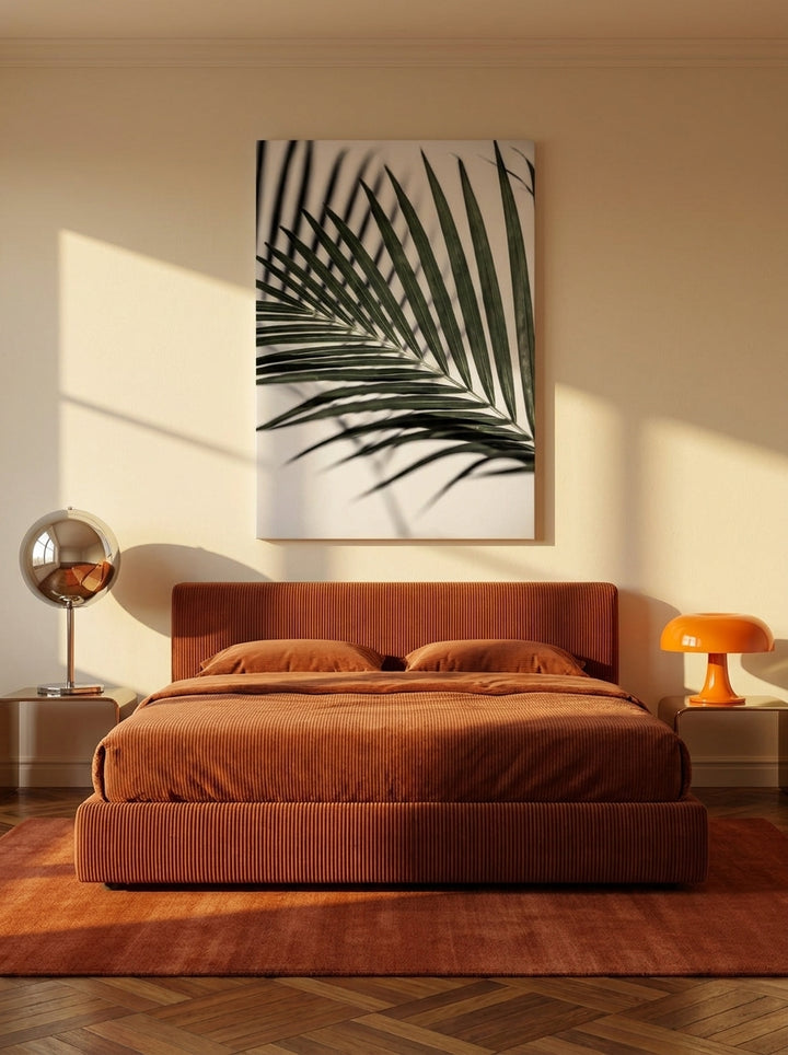 Stretched canvas wall art styled on the wall in a retro 70s bedroom