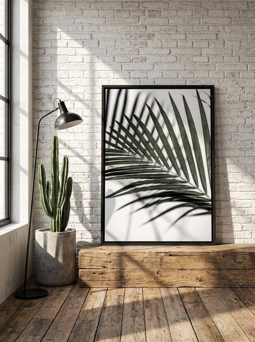 Canvas wall art with a black surround standing on a bench in an industrial loft home office