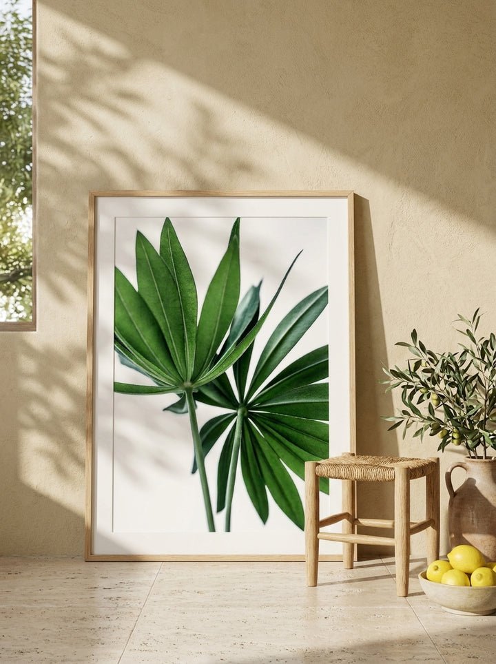 Modern wall art print leaning against the wall in a Mediterranean kitchen