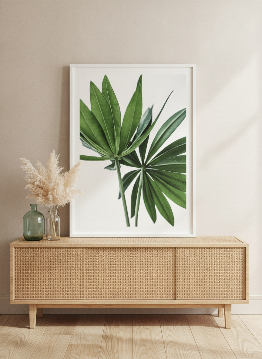 Modern wall art print standing on a sideboard in a coastal bathroom