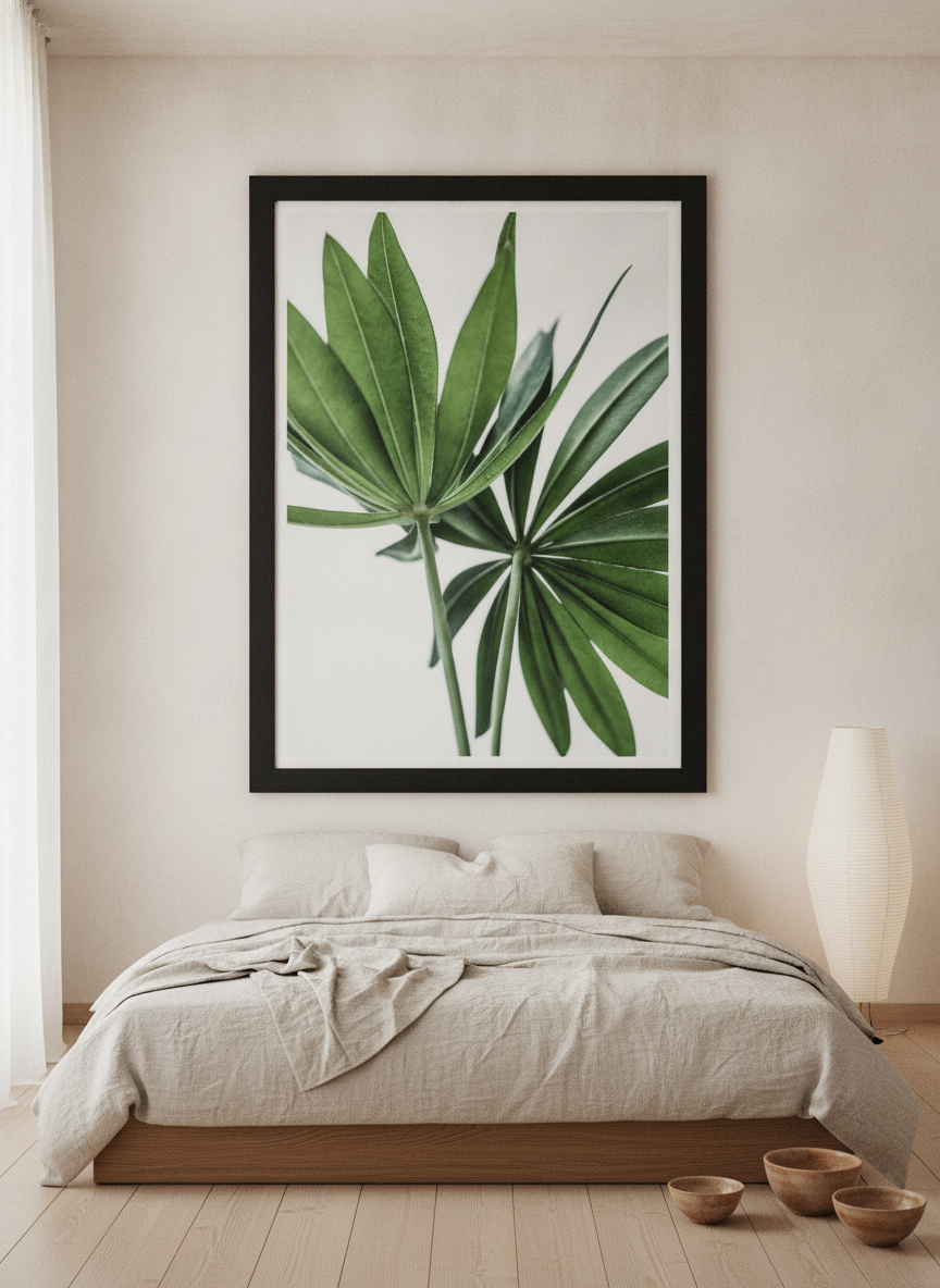 Oversized statement modern wall art print styled on the wall in a warm Japandi bedroom