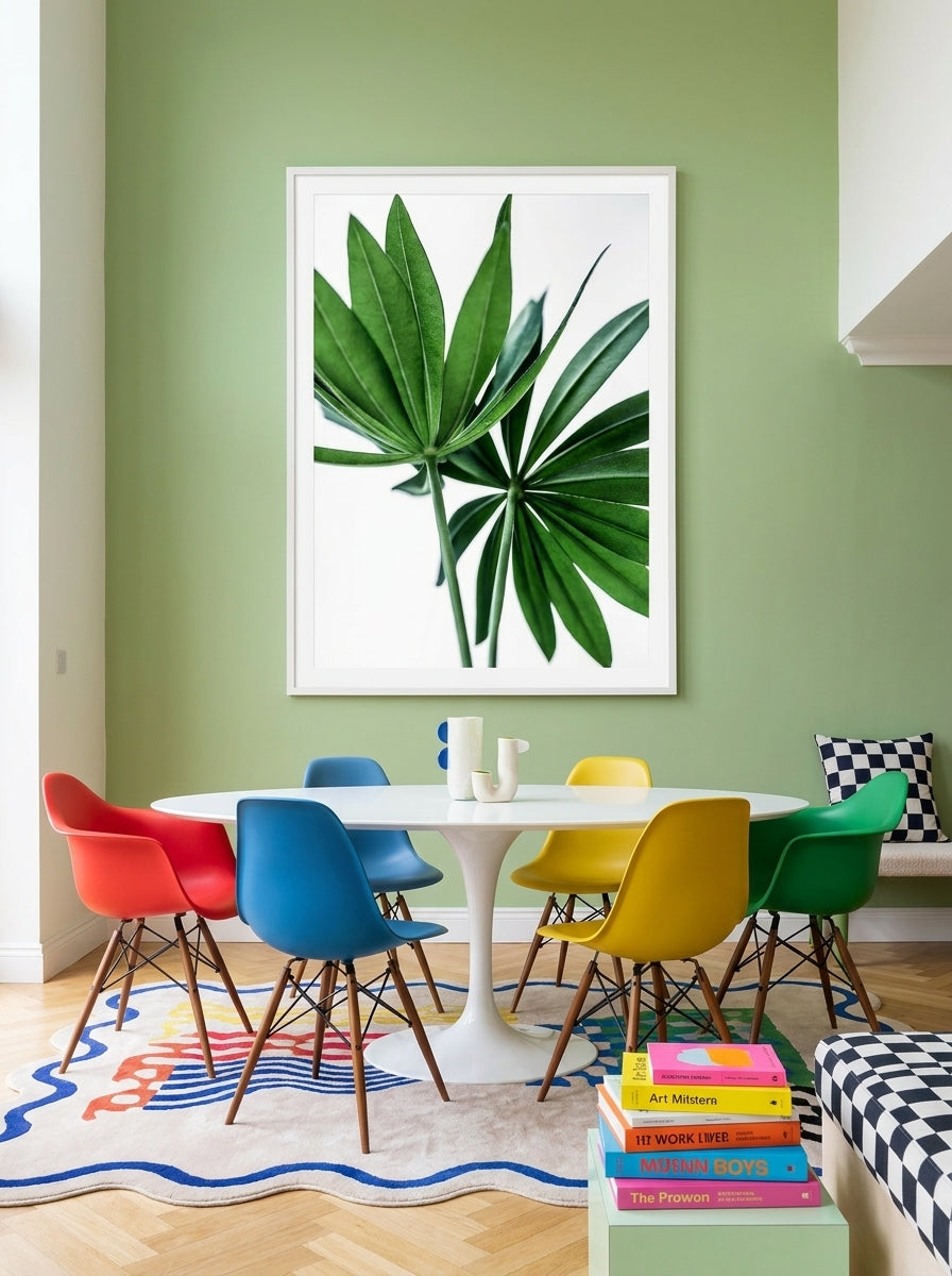Oversized statement modern wall art print styled on the wall in a colourful eclectic dining room