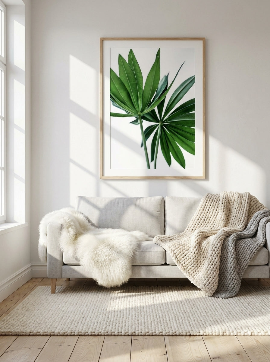 Modern wall art print styled on the wall in a bright Scandinavian living room