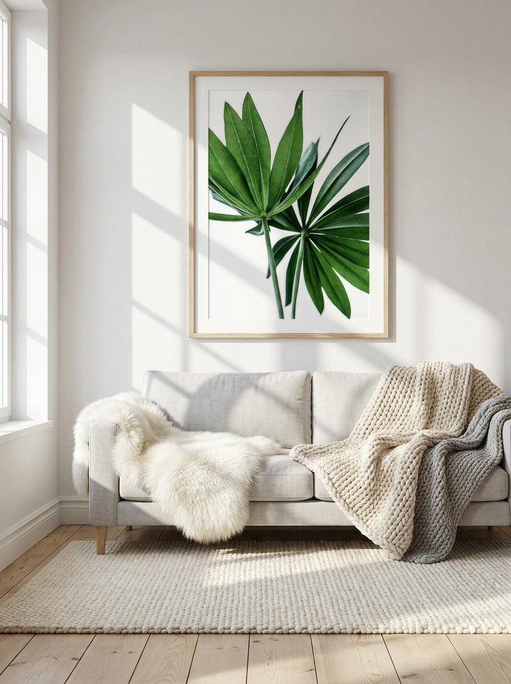 Modern wall art print styled on the wall in a bright Scandinavian living room