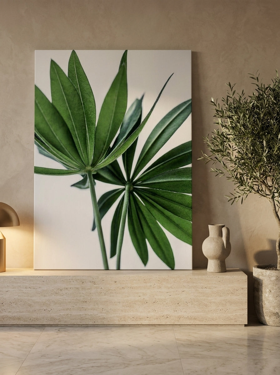 Stretched canvas wall art standing on a console in a luxe living room