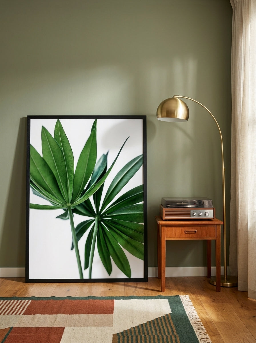 Modern wall art print leaning against the wall in a mid-century home office
