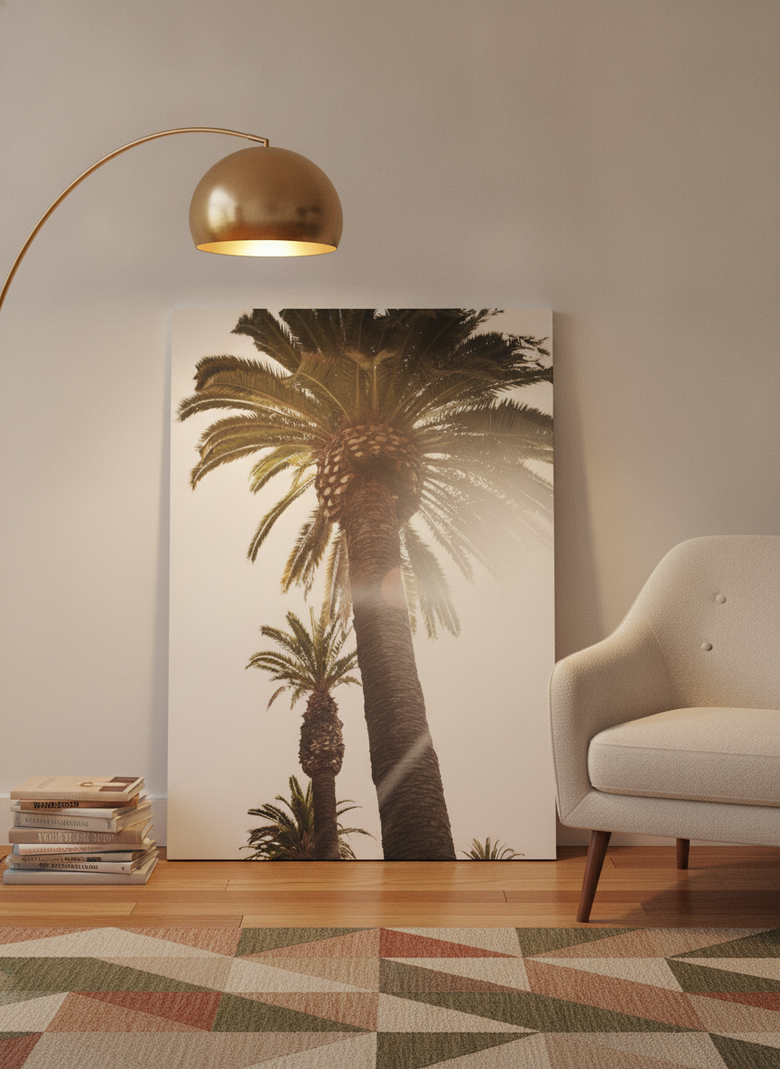 Stretched canvas wall art leaning against the wall in a mid-century living room