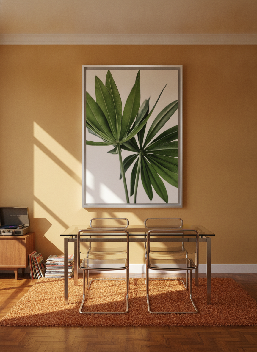 Oversized statement canvas wall art with a silver leaf surround styled on the wall in a retro 70s dining room