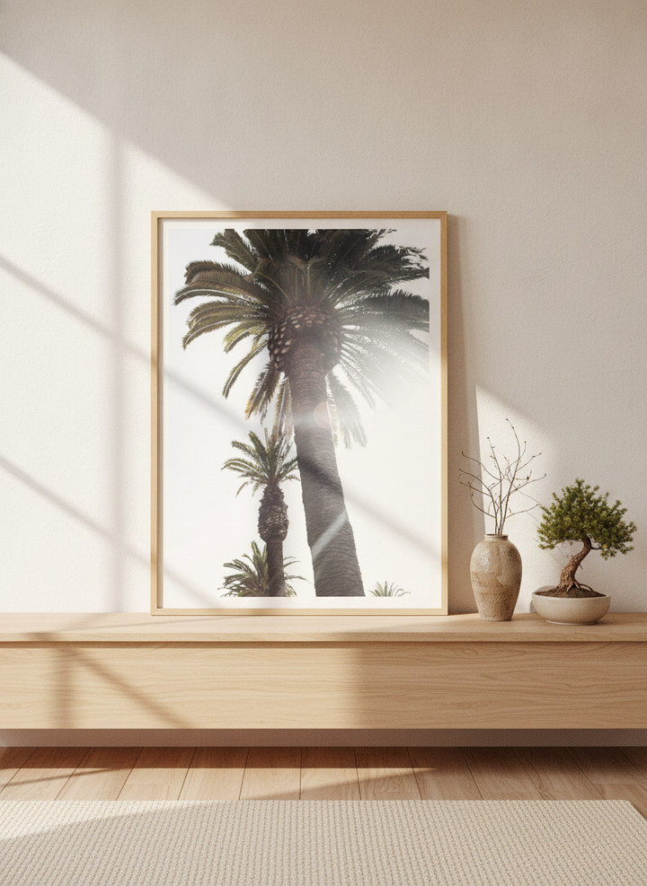 Modern wall art print standing on a sideboard in a warm Japandi home office
