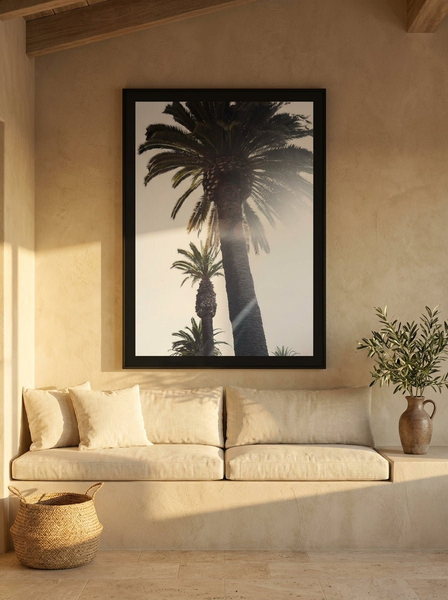 Oversized statement modern wall art print styled on the wall in a Mediterranean living room