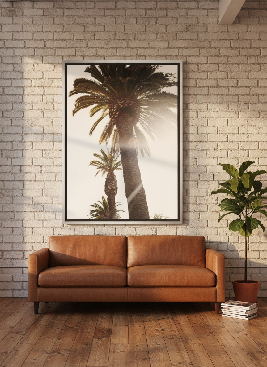Oversized statement canvas wall art with a silver leaf surround styled on the wall in an industrial loft living room