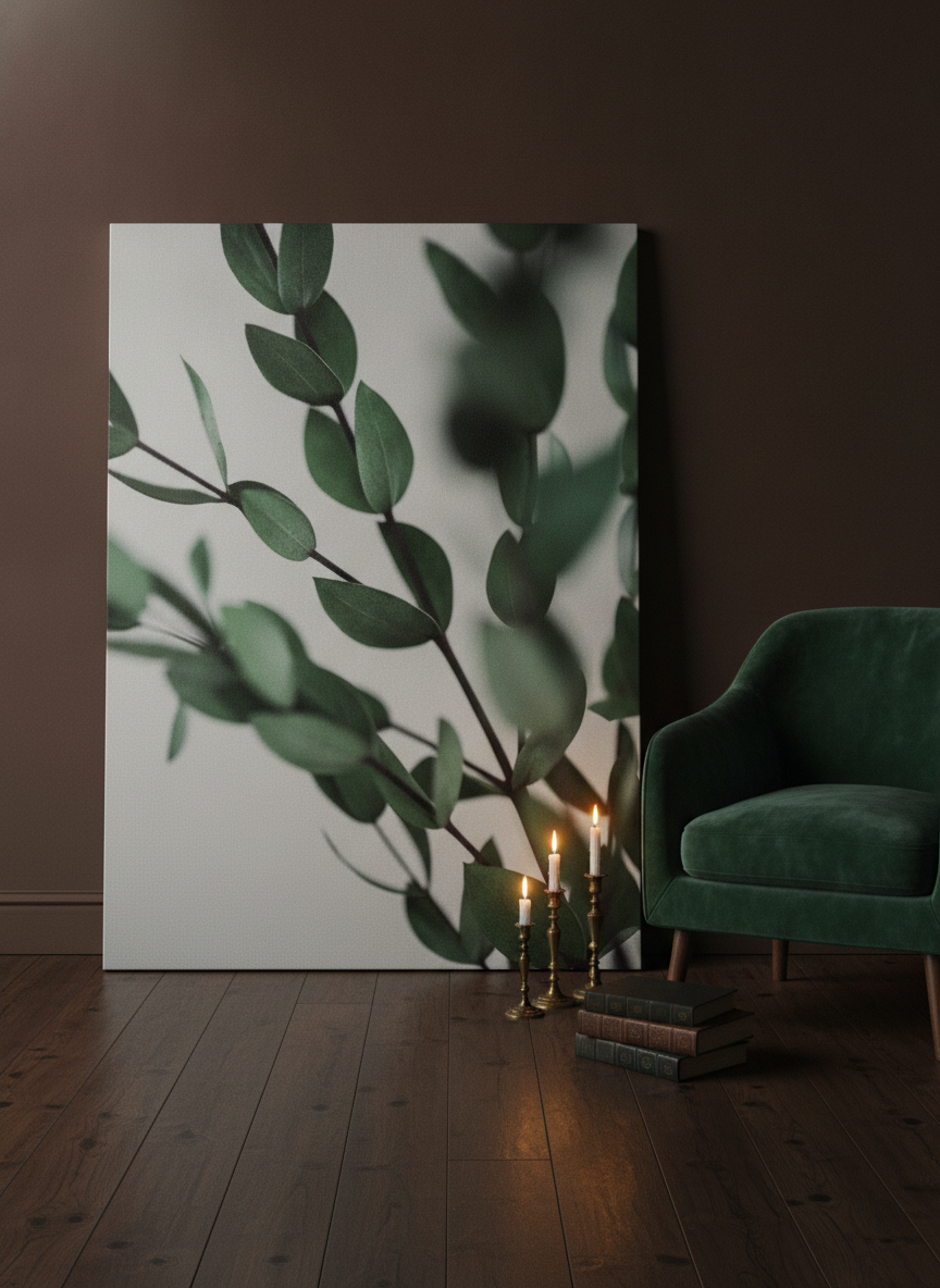 Stretched canvas wall art leaning against the wall in a moody bedroom